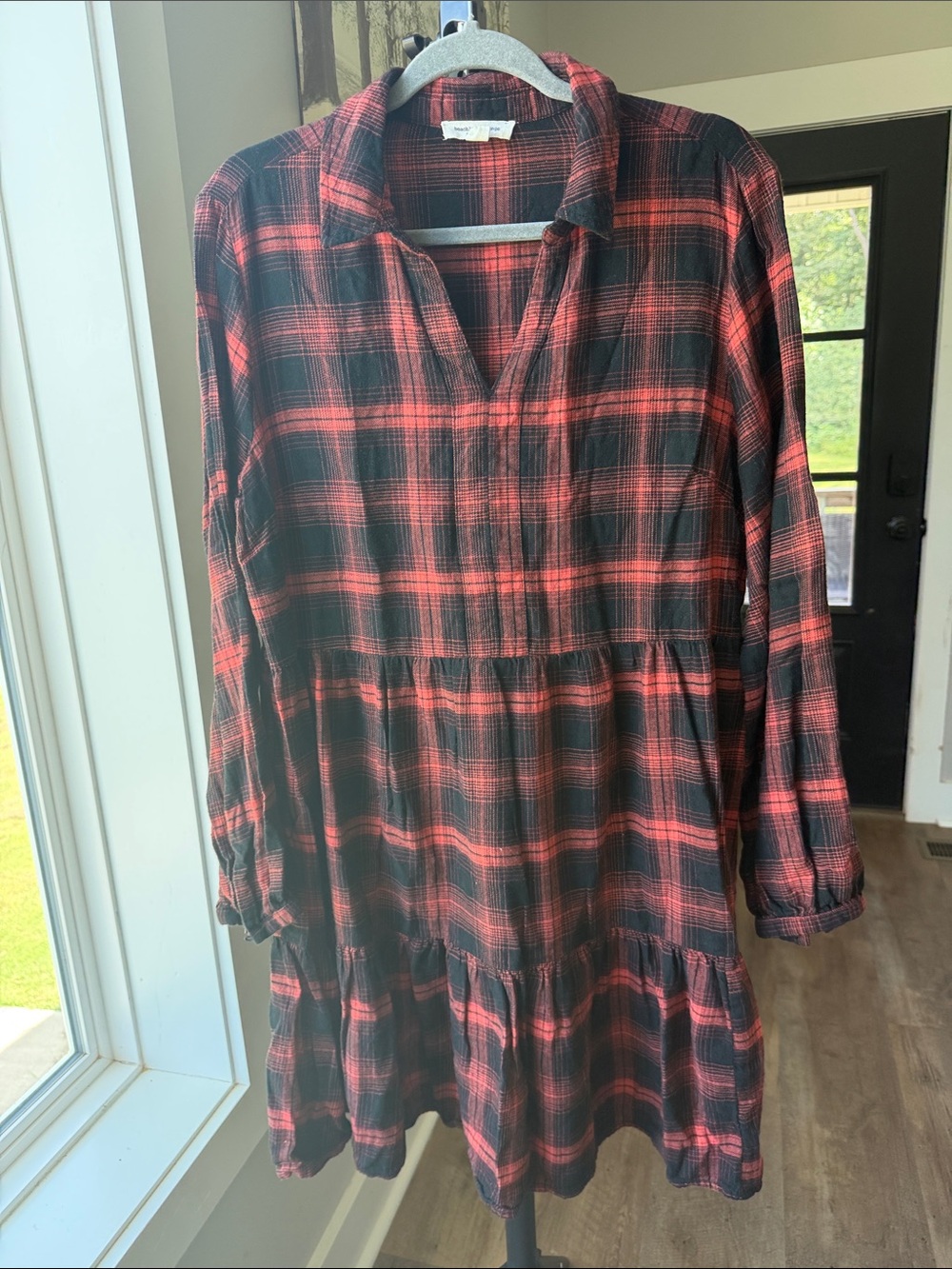 beachlunchlounge orange and Black Plaid Tiered Dress